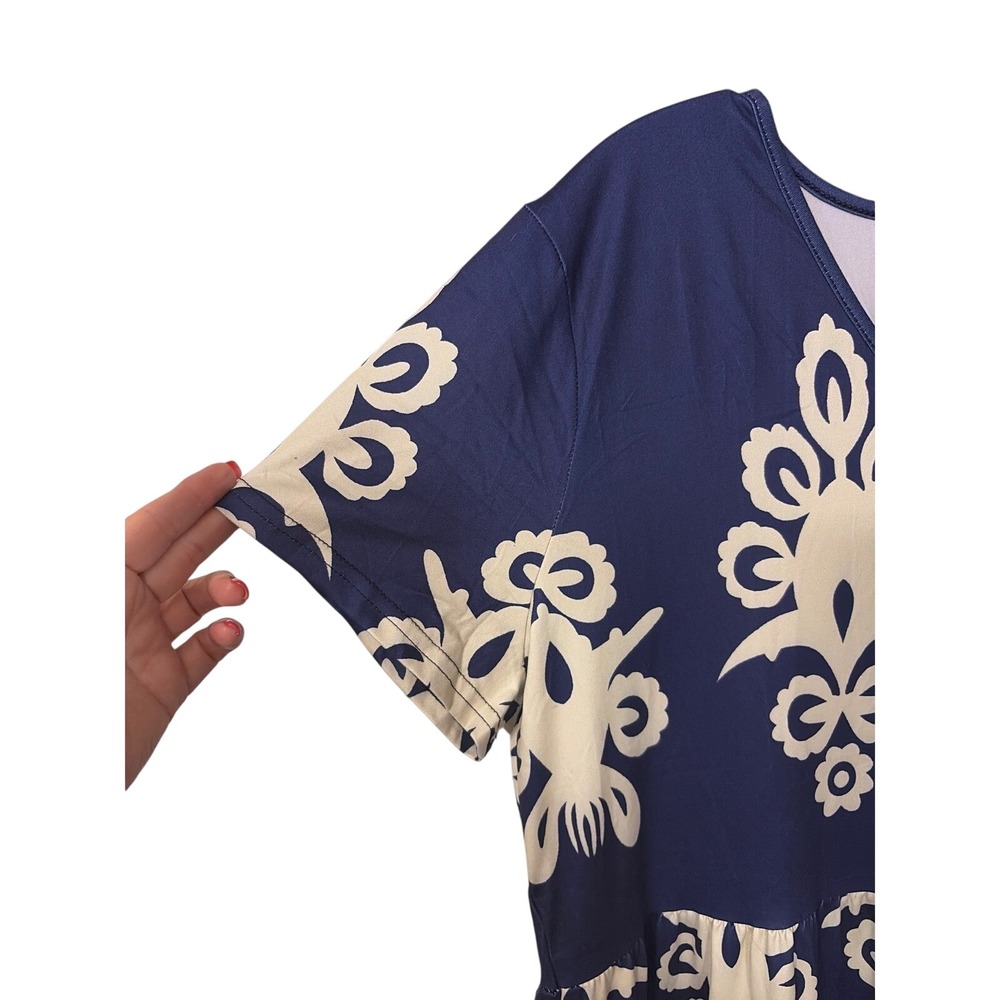 Navy Blue Cream Damask Print V-Neck Empire Waist Maxi‎ Dress Plus Size 1XL - Picture 2 of 5